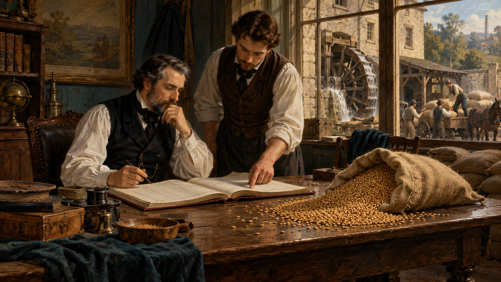 Oil painting of a mill owner and colleague studying a ledger beside grain sacks, with a working mill outside the window.
